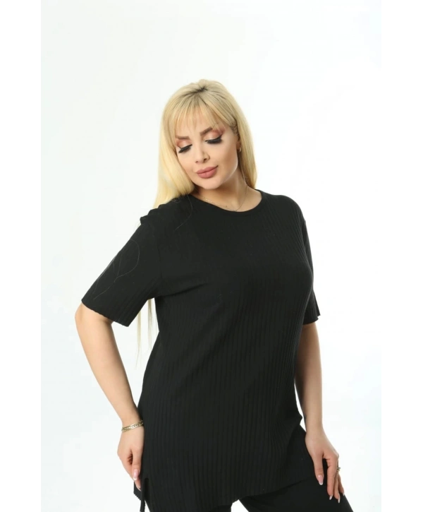 Büyük Battal Beden Kısa Kollu Beli Lastikli Yırtmaçlı Rahat Kalıp İkili Kaşkorse Takım