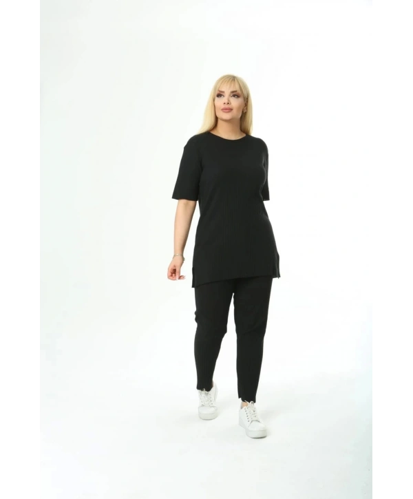 Büyük Battal Beden Kısa Kollu Beli Lastikli Yırtmaçlı Rahat Kalıp İkili Kaşkorse Takım