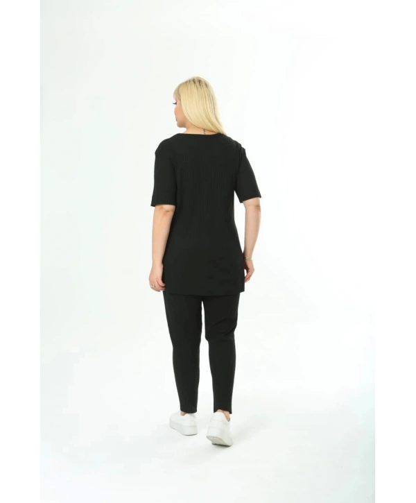 Büyük Battal Beden Kısa Kollu Beli Lastikli Yırtmaçlı Rahat Kalıp İkili Kaşkorse Takım