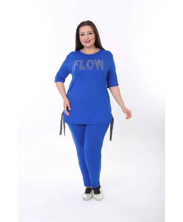 Kadın Mavi Yazlık Viskon Flow Taşlı Eşofman Takımı