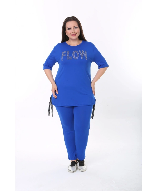 Kadın Mavi Yazlık Viskon Flow Taşlı Eşofman Takımı
