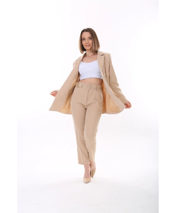 Kadın Düğmeli Blazer Ceket Kemerli Pantolon Dokuma Atlas Kumaş Takım Elbise