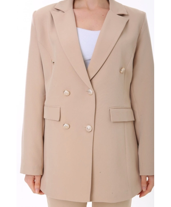 Kadın Düğmeli Blazer Ceket Kemerli Pantolon Dokuma Atlas Kumaş Takım Elbise