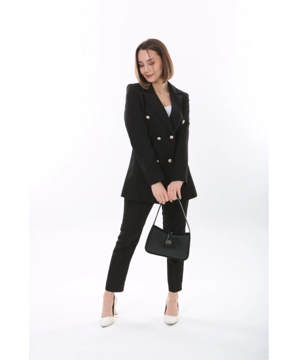 Kadın Düğmeli Blazer Ceket Kemerli Pantolon Dokuma Atlas Kumaş Takım Elbise