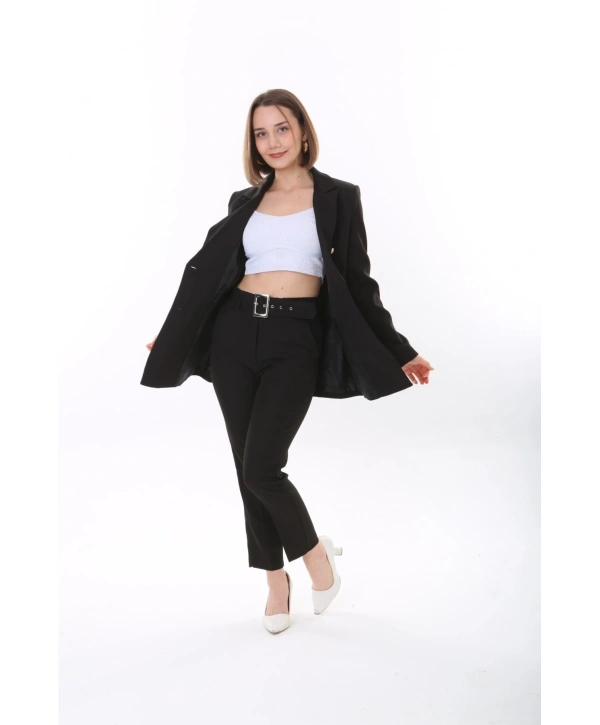Kadın Düğmeli Blazer Ceket Kemerli Pantolon Dokuma Atlas Kumaş Takım Elbise
