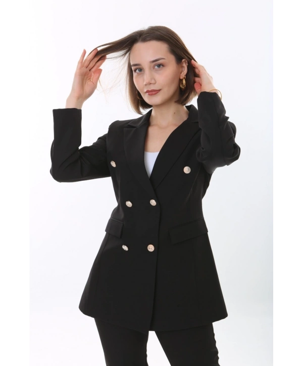 Kadın Düğmeli Blazer Ceket Kemerli Pantolon Dokuma Atlas Kumaş Takım Elbise