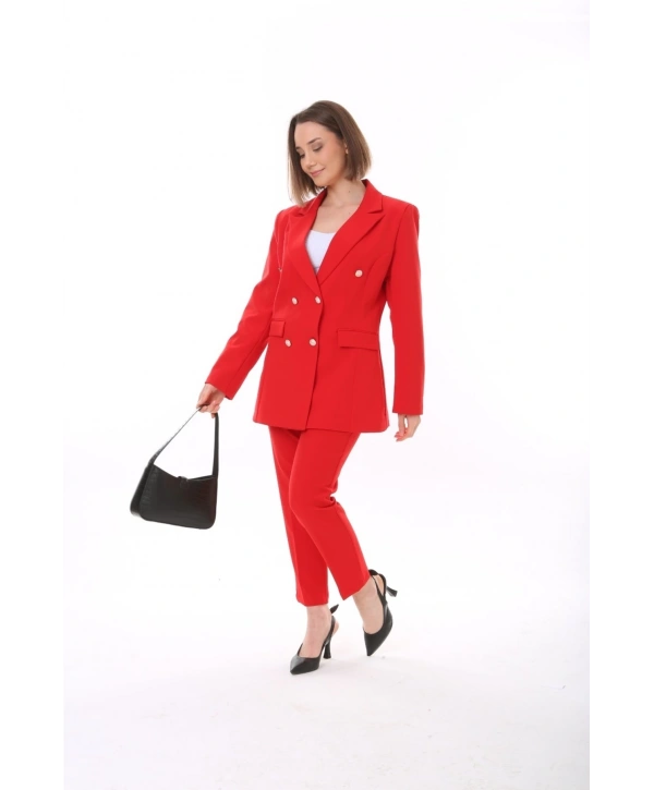 Kadın Düğmeli Blazer Ceket Kemerli Pantolon Dokuma Atlas Kumaş Takım Elbise