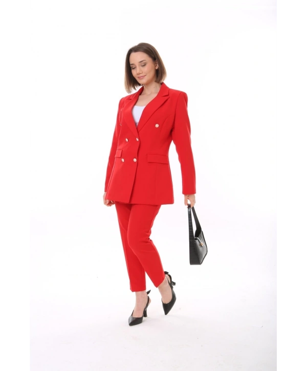 Kadın Düğmeli Blazer Ceket Kemerli Pantolon Dokuma Atlas Kumaş Takım Elbise