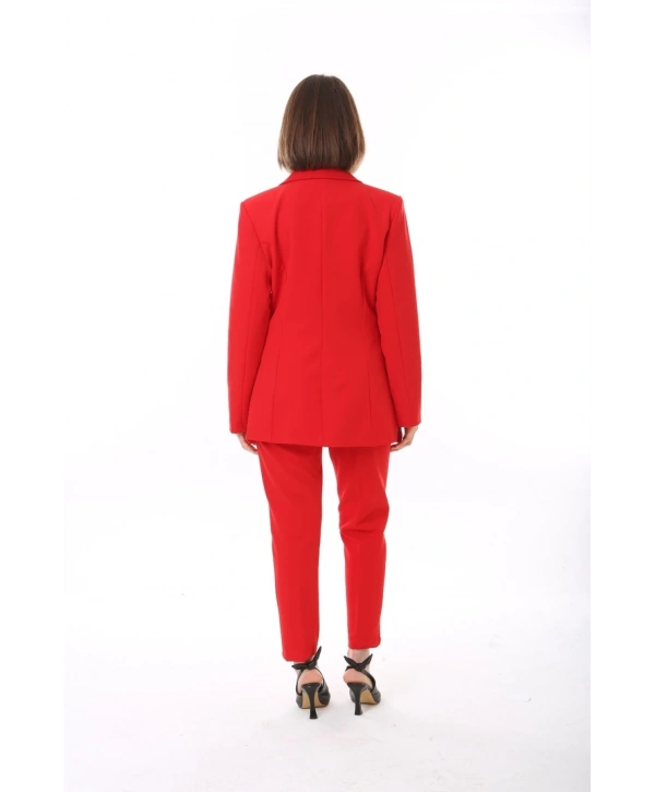 Kadın Düğmeli Blazer Ceket Kemerli Pantolon Dokuma Atlas Kumaş Takım Elbise