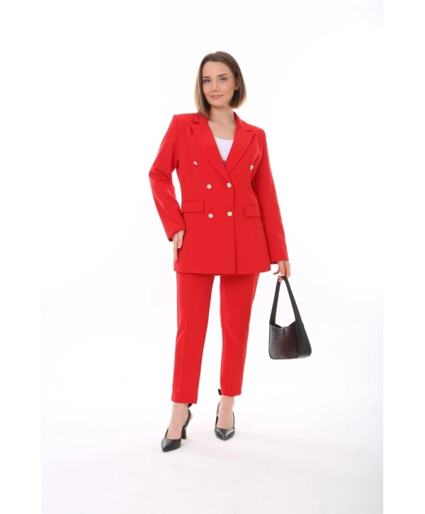 Kadın Düğmeli Blazer Ceket Kemerli Pantolon Dokuma Atlas Kumaş Takım Elbise