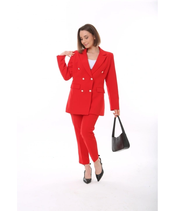 Kadın Düğmeli Blazer Ceket Kemerli Pantolon Dokuma Atlas Kumaş Takım Elbise