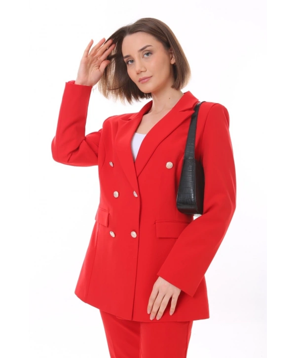 Kadın Düğmeli Blazer Ceket Kemerli Pantolon Dokuma Atlas Kumaş Takım Elbise