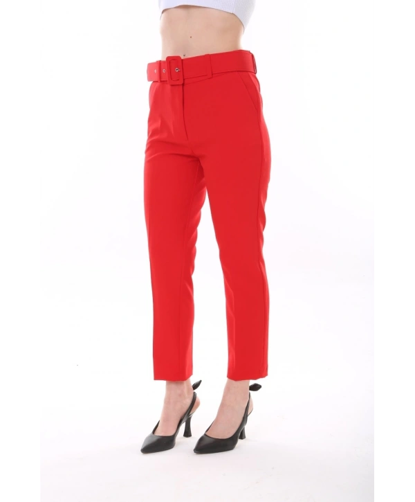 Kadın Düğmeli Blazer Ceket Kemerli Pantolon Dokuma Atlas Kumaş Takım Elbise