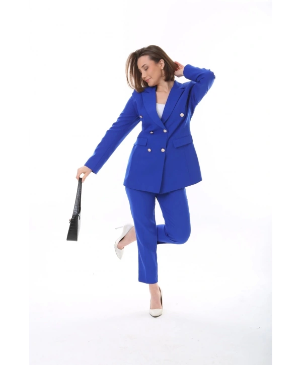 Kadın Düğmeli Blazer Ceket Kemerli Pantolon Dokuma Atlas Kumaş Takım Elbise