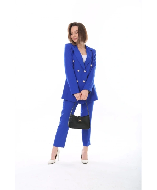 Kadın Düğmeli Blazer Ceket Kemerli Pantolon Dokuma Atlas Kumaş Takım Elbise