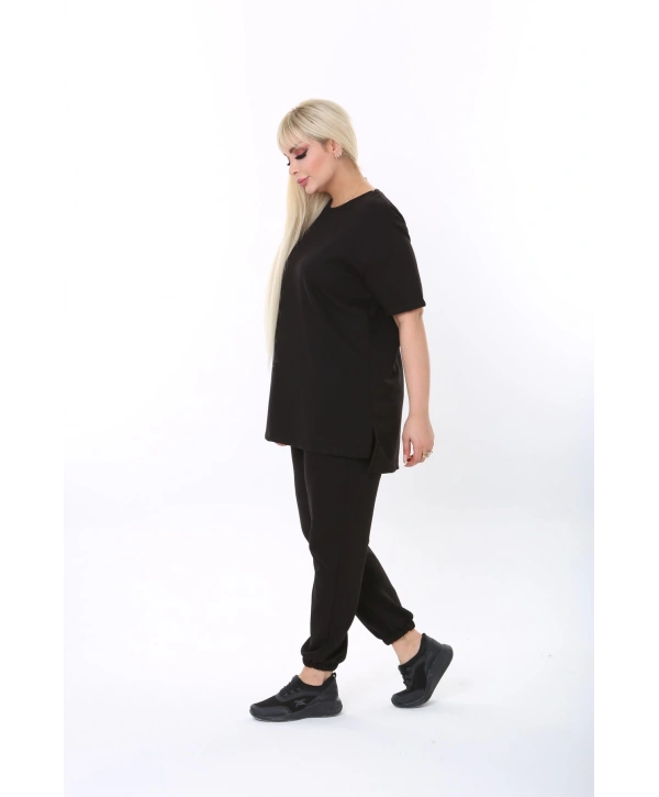 Büyük Beden Düz Renk Kısa Kollu Ikiiplik Kumaş Ikili Takım