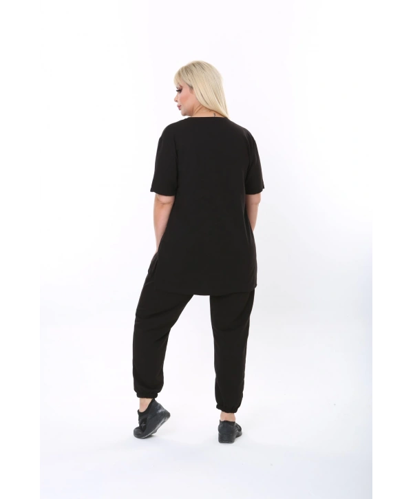 Büyük Beden Düz Renk Kısa Kollu Ikiiplik Kumaş Ikili Takım