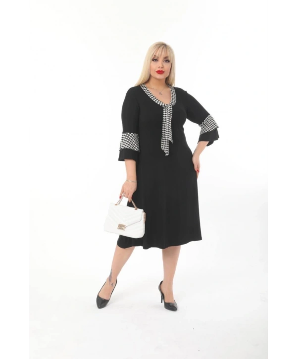 Kadın Büyük Beden Kravat Desenli Siyah Midi Elbise