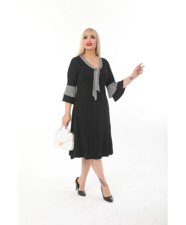 Kadın Büyük Beden Kravat Desenli Siyah Midi Elbise