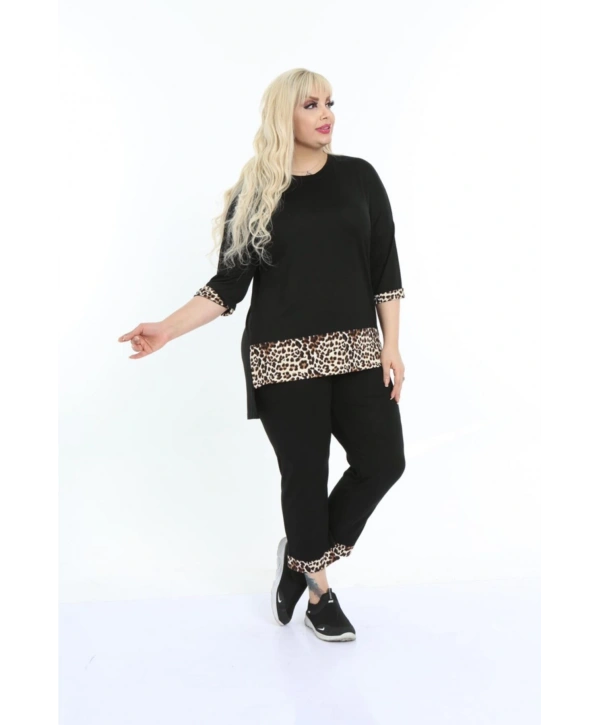 Kadın Büyük Beden Alt Leopar Desenli Siyah Kapri Eşofman Takımı