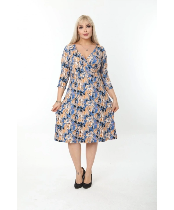 Büyük Beden Kruvaze Yaka Kısa Kollu Bürümcük Kumaş Midi Elbise