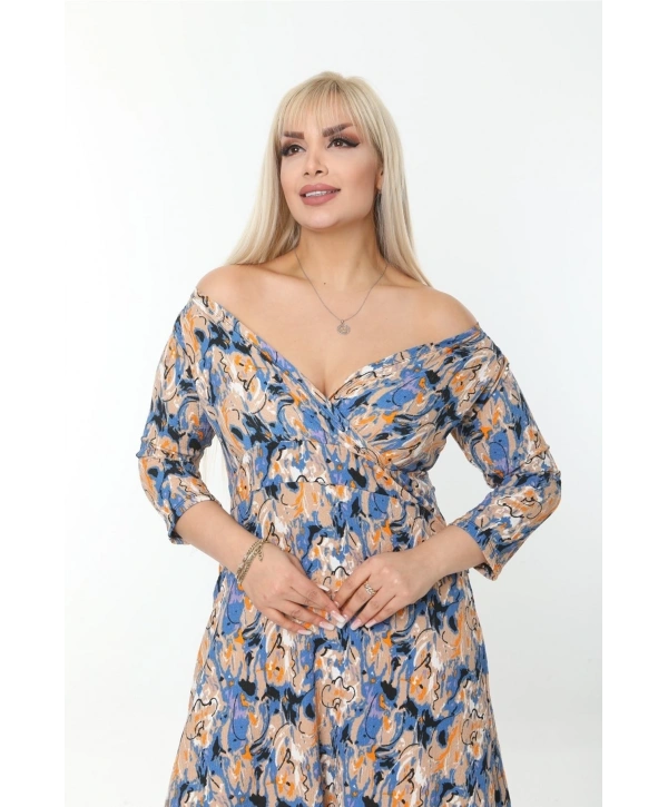 Büyük Beden Kruvaze Yaka Kısa Kollu Bürümcük Kumaş Midi Elbise