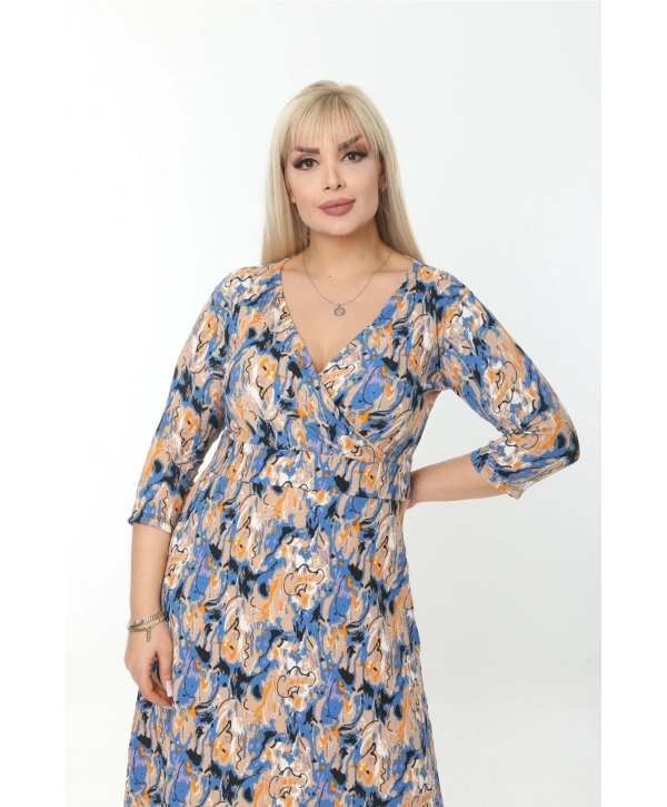 Büyük Beden Kruvaze Yaka Kısa Kollu Bürümcük Kumaş Midi Elbise