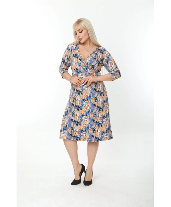 Büyük Beden Kruvaze Yaka Kısa Kollu Bürümcük Kumaş Midi Elbise