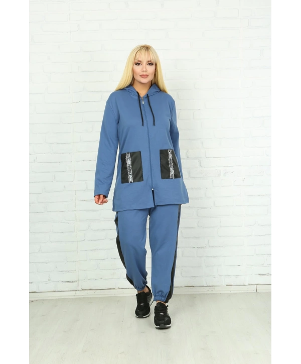 Kadın Mavi Kapüşonlu Fermuarlı Deri Detaylı Büyük Beden Takım