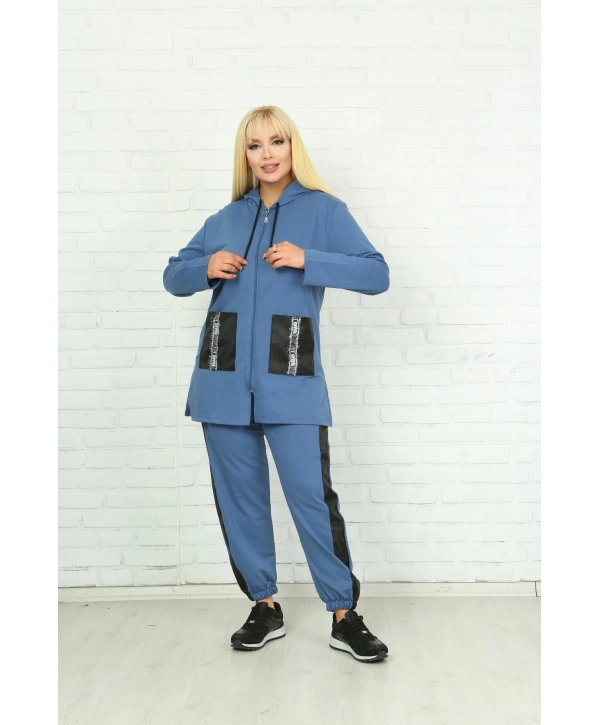 Kadın Mavi Kapüşonlu Fermuarlı Deri Detaylı Büyük Beden Takım