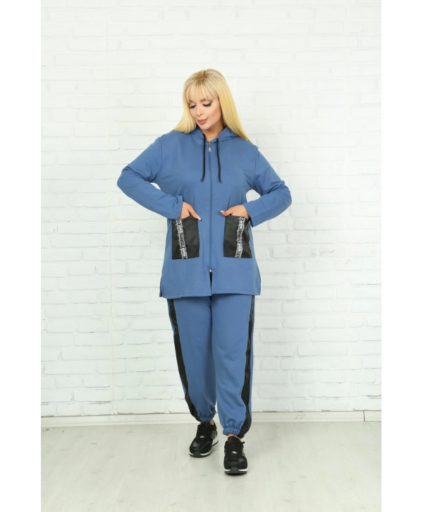 Kadın Mavi Kapüşonlu Fermuarlı Deri Detaylı Büyük Beden Takım