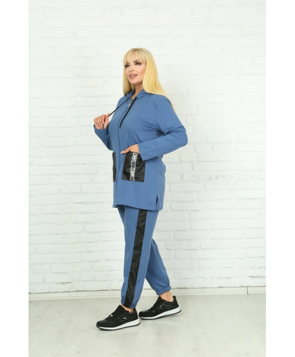 Kadın Mavi Kapüşonlu Fermuarlı Deri Detaylı Büyük Beden Takım
