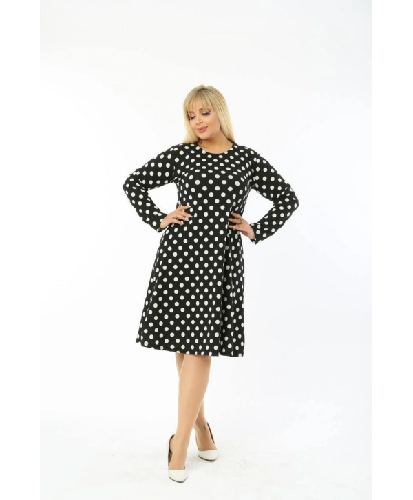 Kadın Büyük Beden Uzun Kollu Desenli Midi Elbise