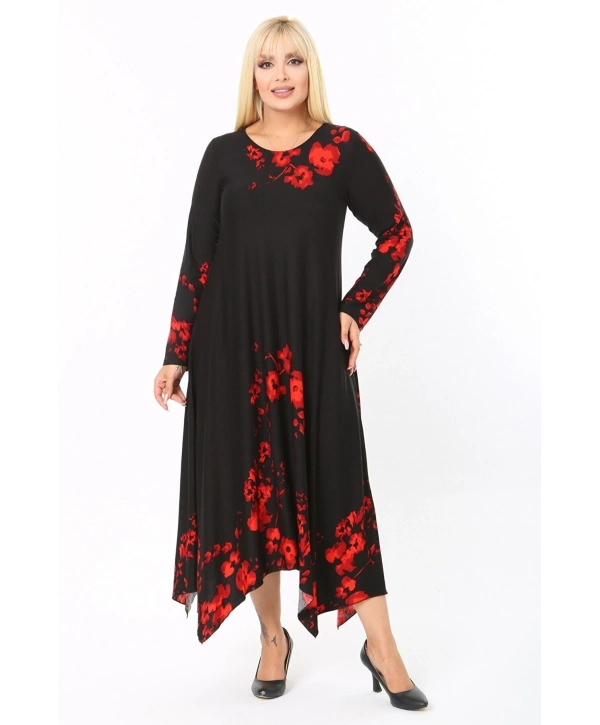 Kadın Uzun Kollu Asimetrik Çiçek Desenli Büyük Beden Elbise