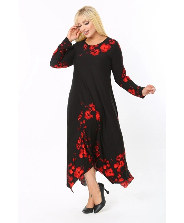 Kadın Uzun Kollu Asimetrik Çiçek Desenli Büyük Beden Elbise