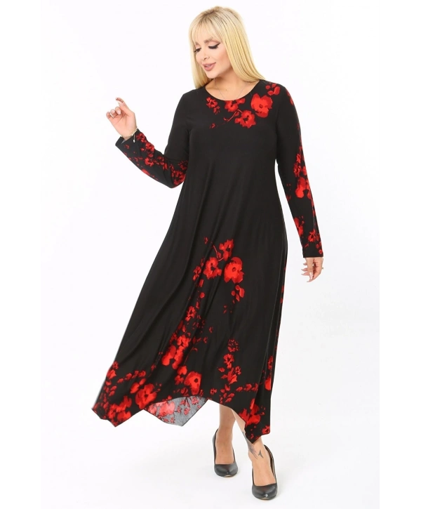 Kadın Uzun Kollu Asimetrik Çiçek Desenli Büyük Beden Elbise