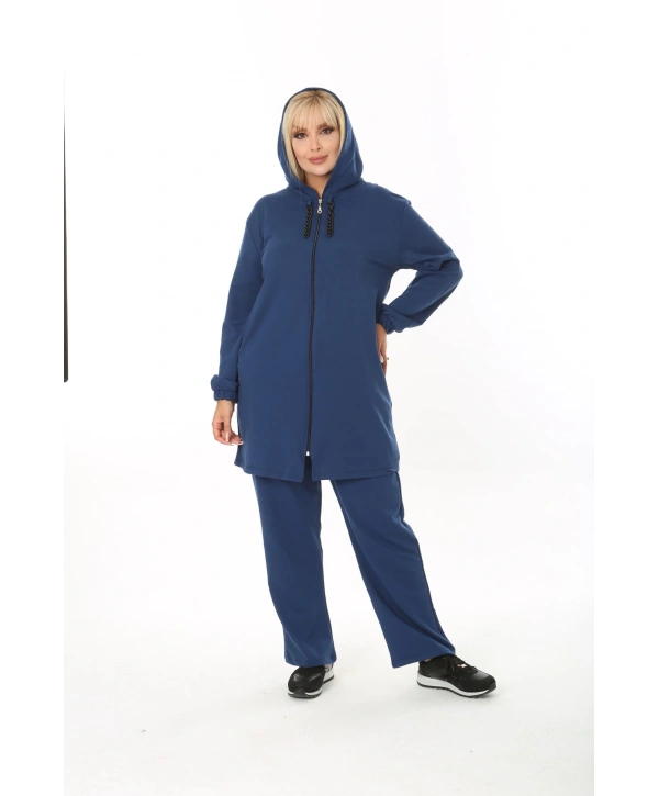 Kadın Lacivert Büyük Beden Kapüşonlu Eşofman Takımı