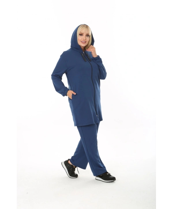 Kadın Lacivert Büyük Beden Kapüşonlu Eşofman Takımı