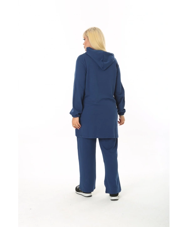 Kadın Lacivert Büyük Beden Kapüşonlu Eşofman Takımı