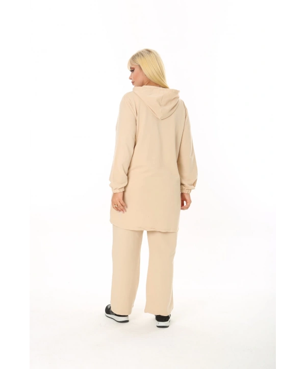 Kadın Bej Büyük Beden Kapüşonlu Eşofman Takımı