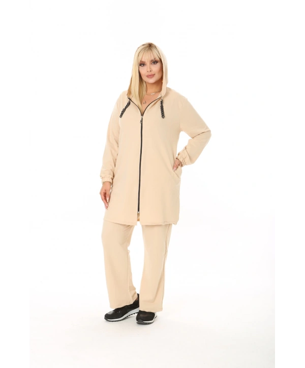 Kadın Bej Büyük Beden Kapüşonlu Eşofman Takımı
