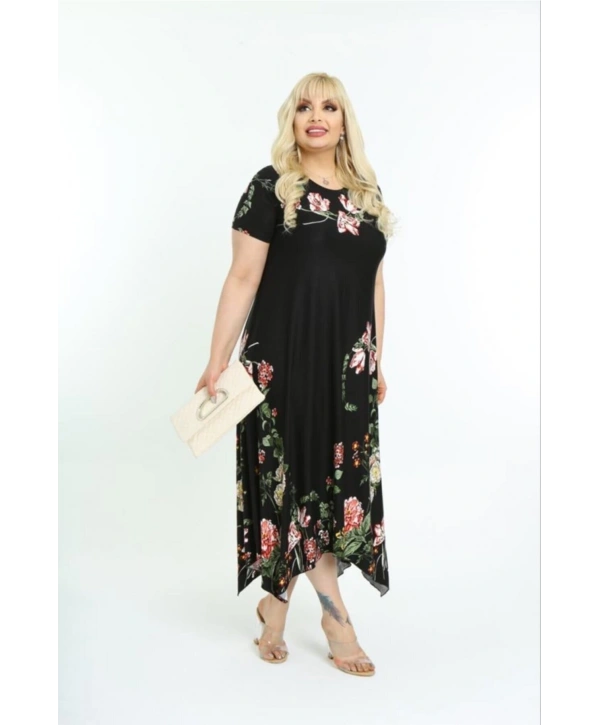 Kadın Büyük Beden Desenli Kısa Kollu Asimetrik Etekli Elbise