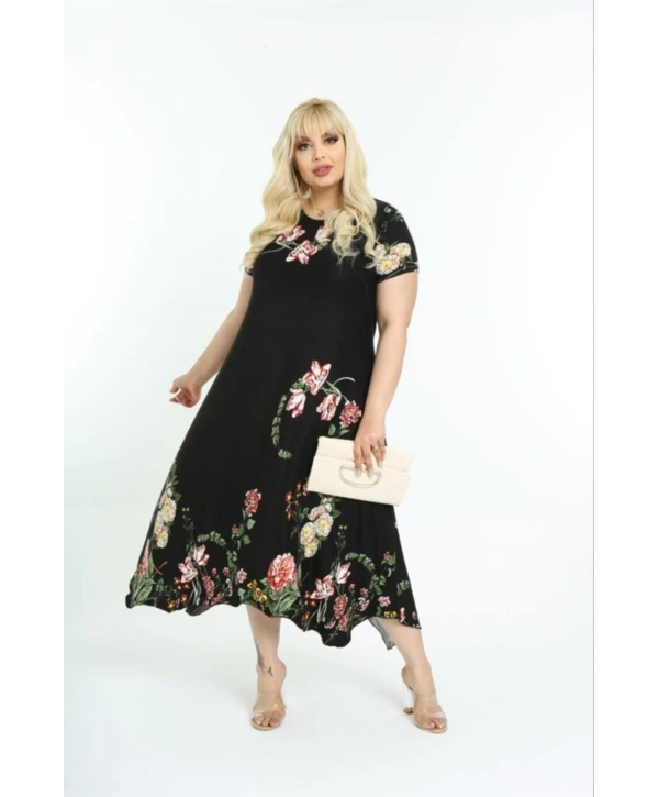 Kadın Büyük Beden Desenli Kısa Kollu Asimetrik Etekli Elbise