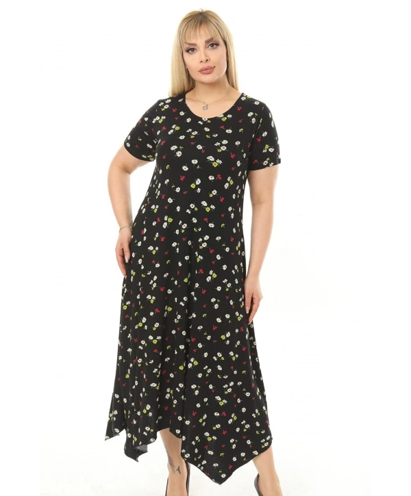 Kadın Büyük Beden Desenli Kısa Kollu Asimetrik Etekli Elbise