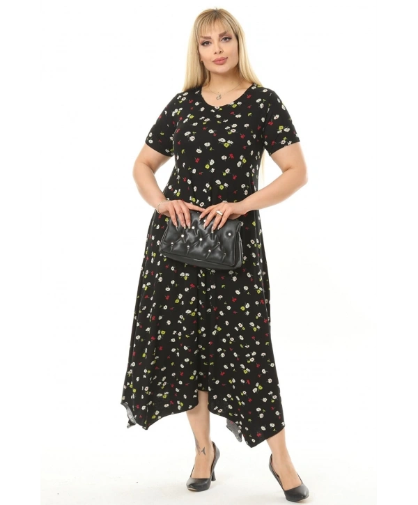Kadın Büyük Beden Desenli Kısa Kollu Asimetrik Etekli Elbise