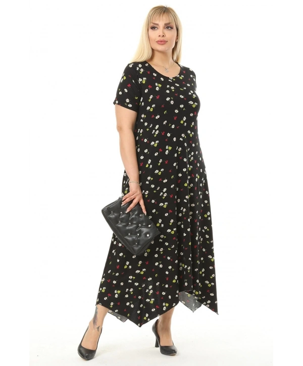 Kadın Büyük Beden Desenli Kısa Kollu Asimetrik Etekli Elbise