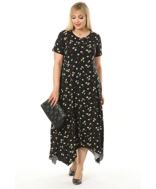 Kadın Büyük Beden Desenli Kısa Kollu Asimetrik Etekli Elbise