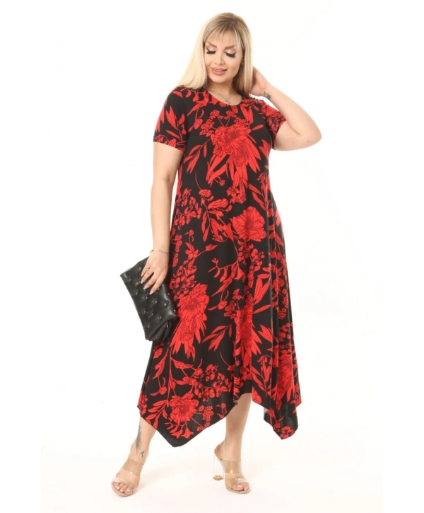 Kadın Büyük Beden Desenli Kısa Kollu Asimetrik Etekli Elbise