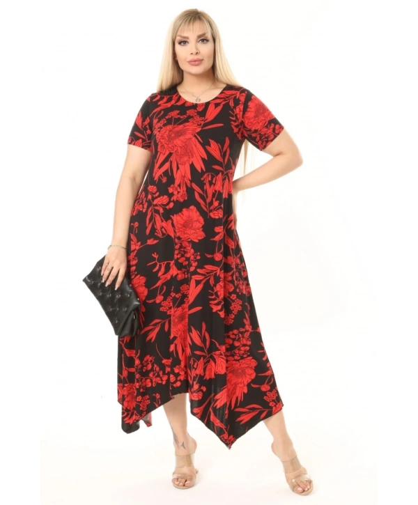 Kadın Büyük Beden Desenli Kısa Kollu Asimetrik Etekli Elbise
