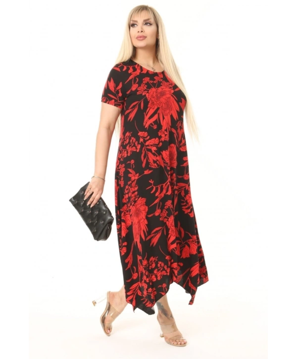 Kadın Büyük Beden Desenli Kısa Kollu Asimetrik Etekli Elbise